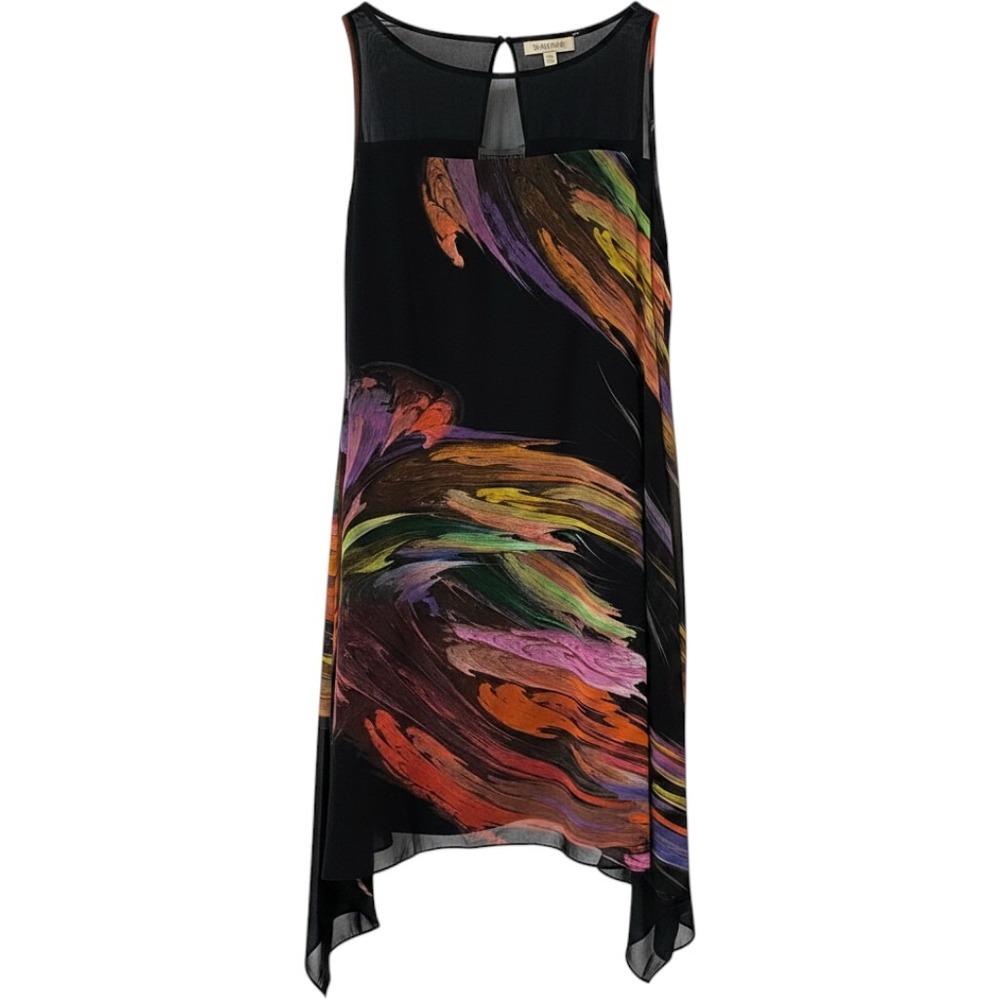 Bethany Black Handkerchief Hemline Abstract Chiffon Shift Dress Sz 10